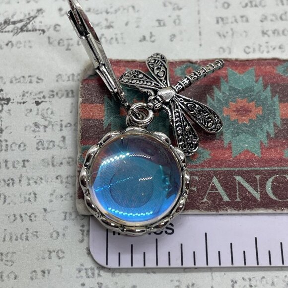 Silver plate Iridescent Dragonfly Wire Opal Earrings Fall Gift Mom Birthday Wife - Picture 14 of 16